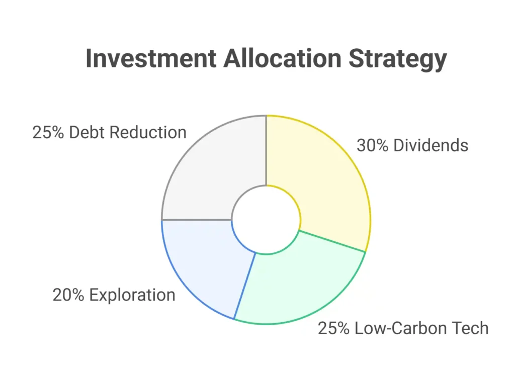 2025 oil and gas capital allocation: 40% dividends, 30% low-carbon tech, 20% exploration, 10% debt reduction.