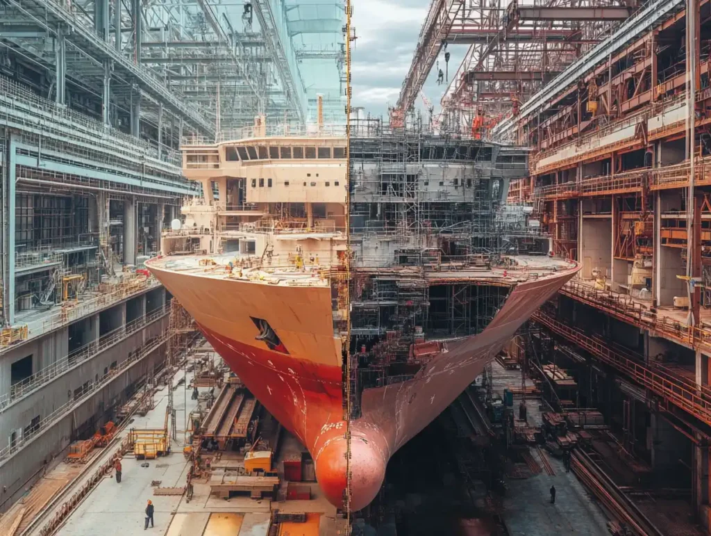 Comparison showing how digital technology has transformed shipbuilding from paper plans to 3D computer models