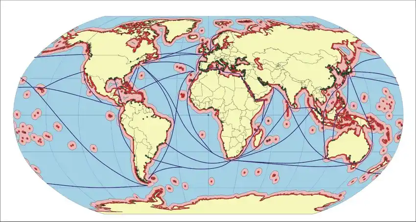 World map highlighting Red Sea, Strait of Hormuz, and Arctic routes, with icons symbolizing supply chain risks and oil price volatility.