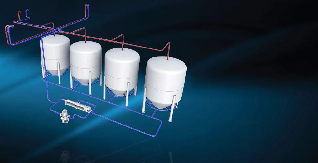 Dry bulk transfer system on a Platform Supply Vessel showing pipes and storage silos