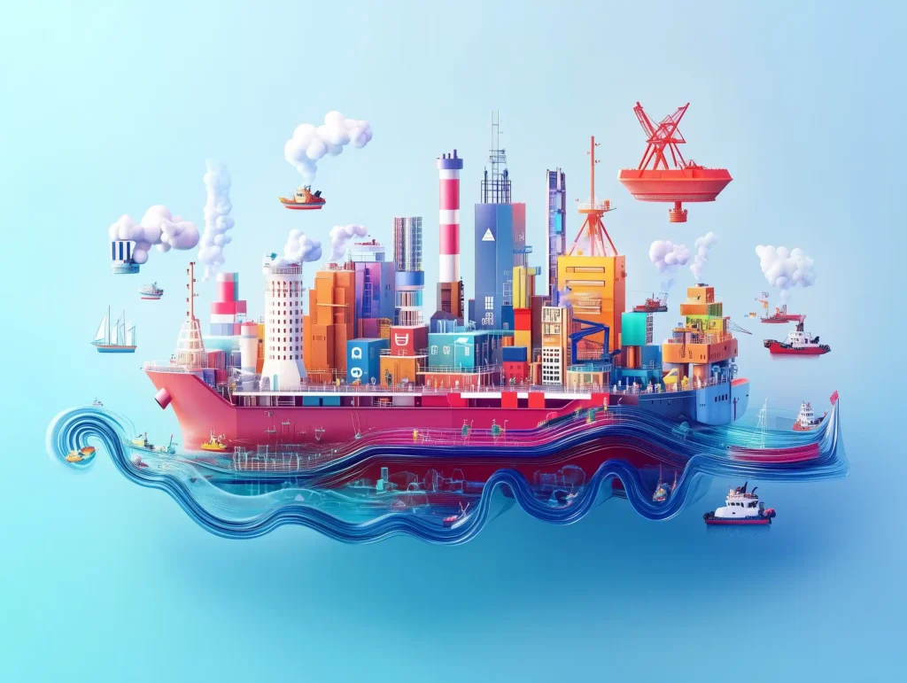 Futuristic maritime port with an autonomous cargo vessel equipped with glowing IoT sensors approaching. The scene shows automated cranes, holographic control displays, and small patrol drones, illustrating how integrated smart technology will transform shipping operations through real-time monitoring, autonomous navigation, and AI-powered port management.