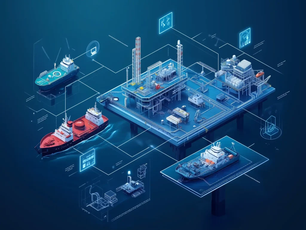 Infographic displaying advanced safety monitoring technologies, including IoT sensors, real-time diagnostic tools, and network connectivity in offshore environments