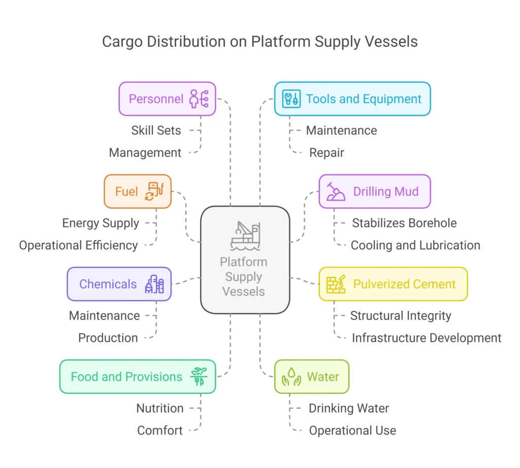 A diagram of cargo distribution on Platform Supply Vessels (PSVs), showing categories such as Personnel, Fuel, Chemicals, Food, Water, Pulverized Cement, Drilling Mud, and Tools & Equipment, with their respective functions. Lines connect each category to a central PSV icon.