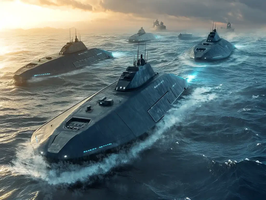 Artistic rendering of future naval operations with XLUUV drones operating alongside traditional navy vessels in a coordinated underwater mission